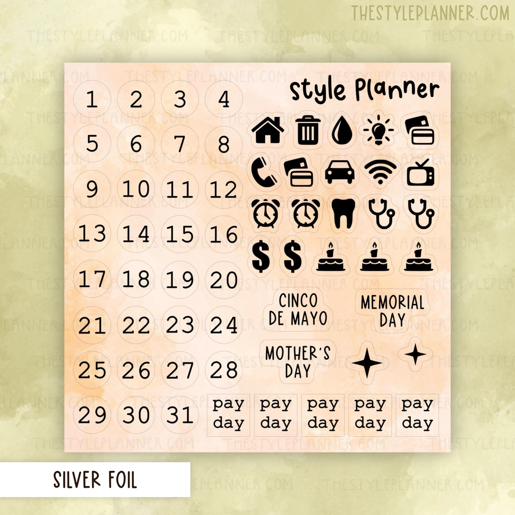 May Date Dots and Icons Monthly Stickers With SIlver Foil