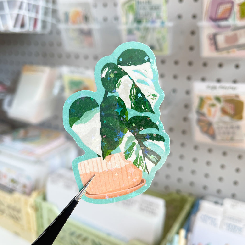 Teal Plant Waterproof Sticker With Glitter Overlay