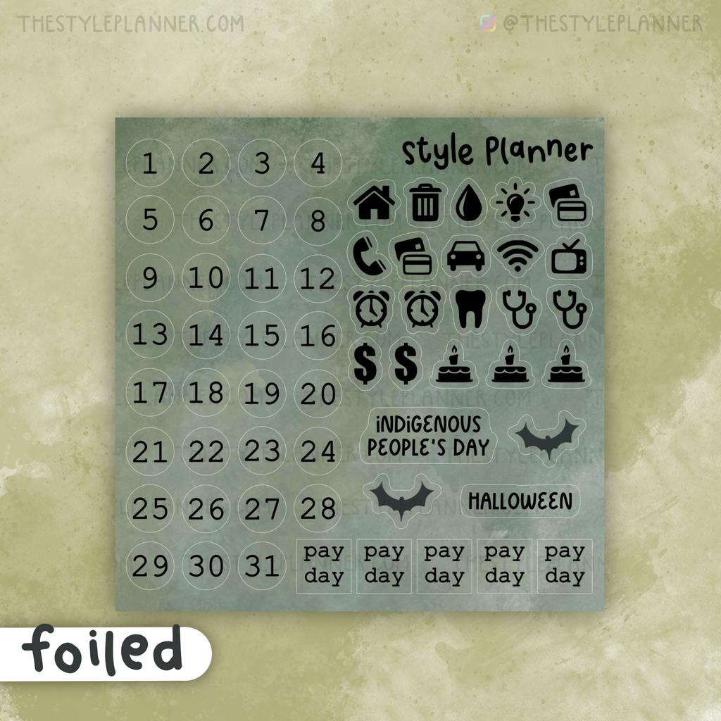 OCTOBER Date Dots / Icons Monthly Stickers With Soft Gold Foil