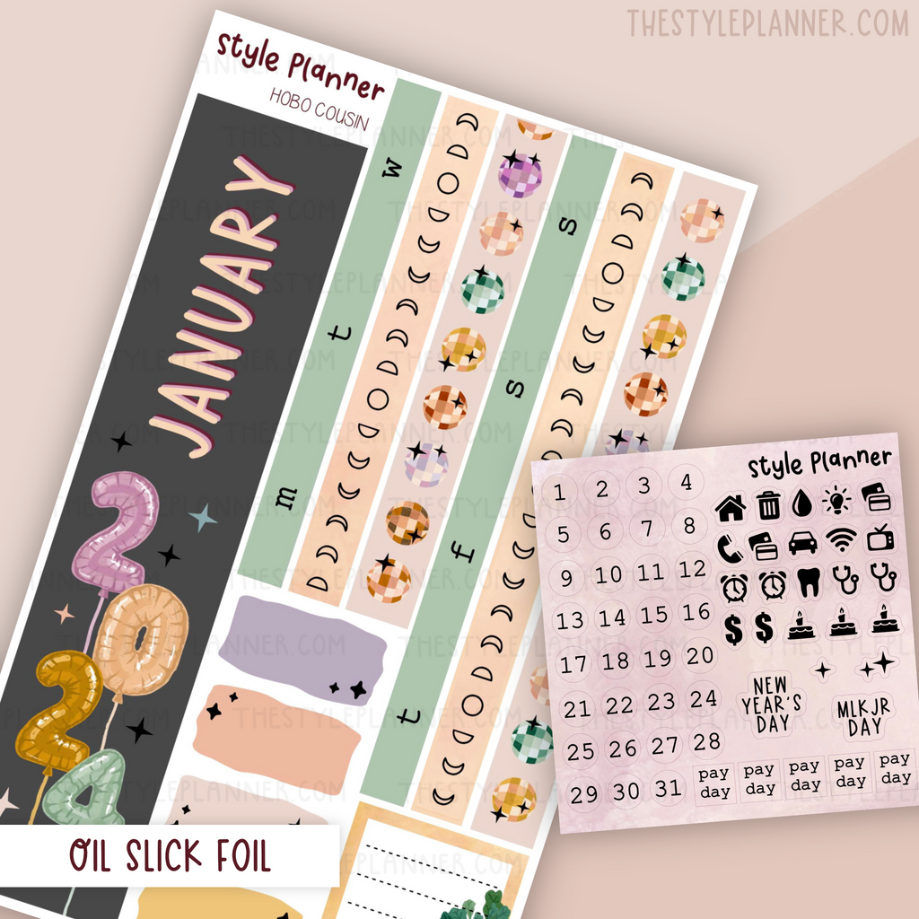 JANUARY Monthly Sticker Kit (10 Sizes Available) With Oil Slick Foil