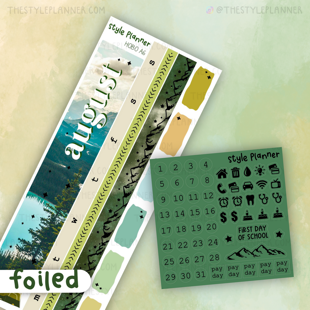 AUGUST Monthly Sticker Kit (14 Sizes) With Matte Silver Foil