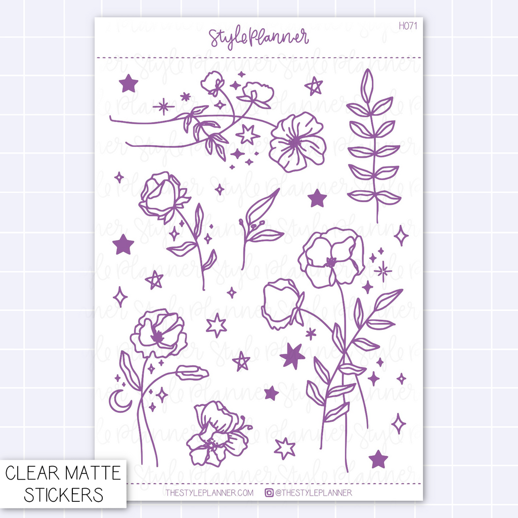 Purple Starry Florals | Clear Matte Stickers