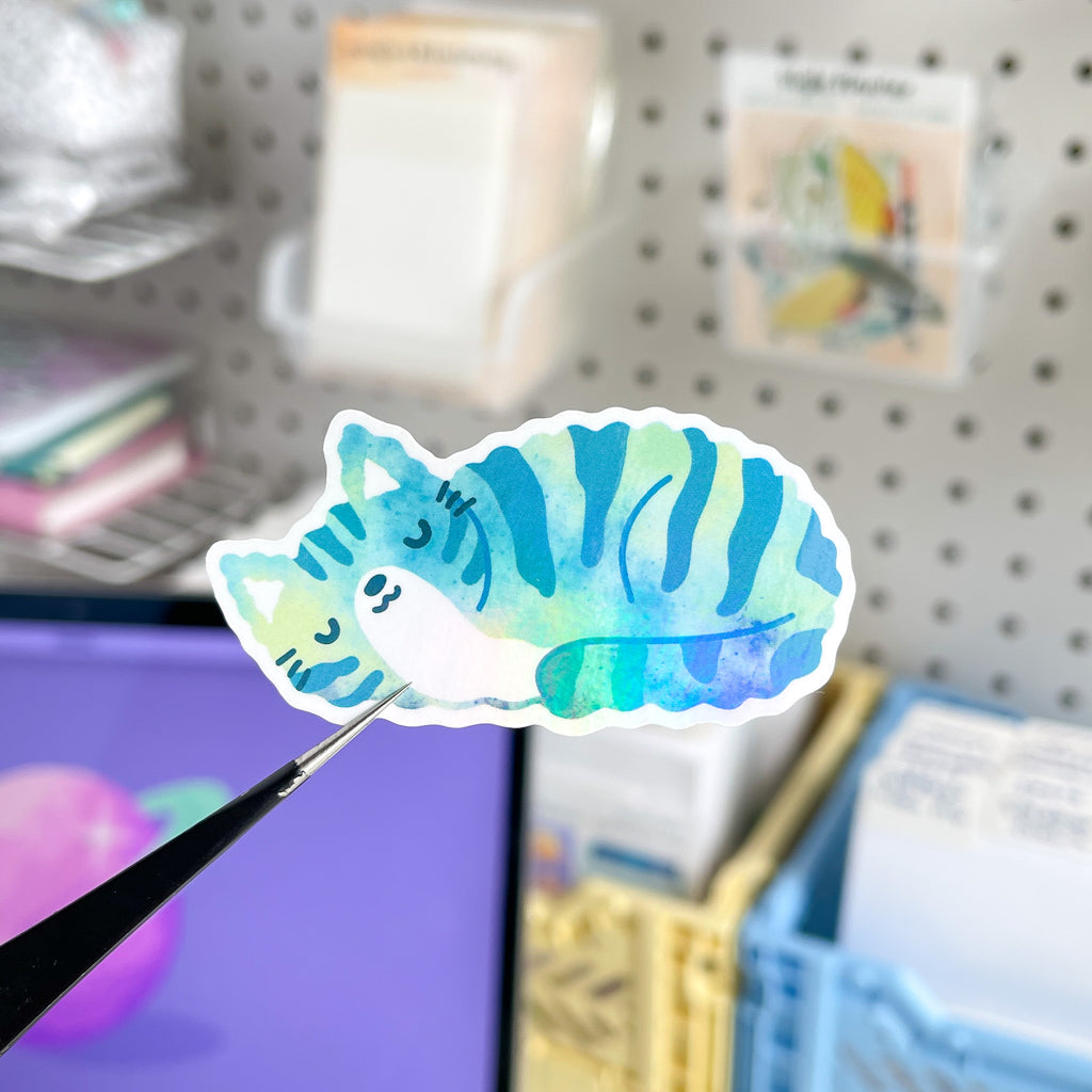Galaxy Sleeping Kitty Sticker With Holographic Overlay
