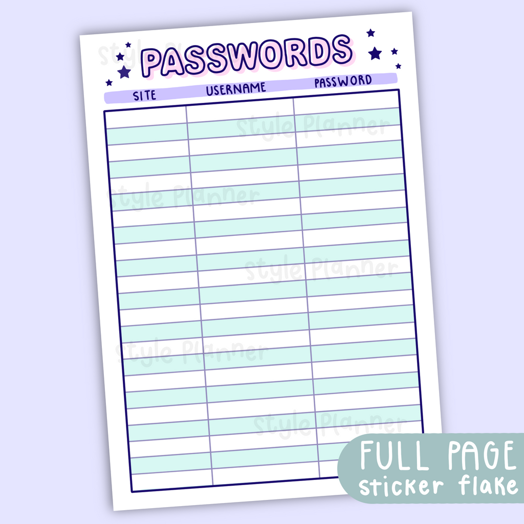 Passwords Pastel Sticker Flake (Full Page Sticker)